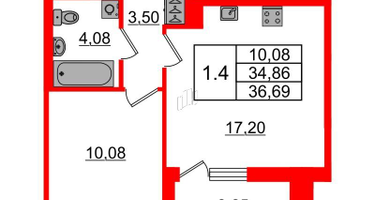1-к. квартира, 34&nbsp;м²