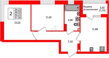 2-к. квартира, 50&nbsp;м²