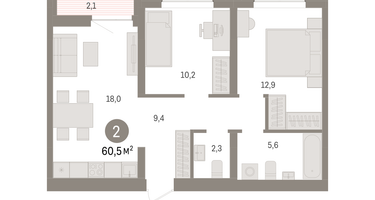2-к. квартира, 60 м²