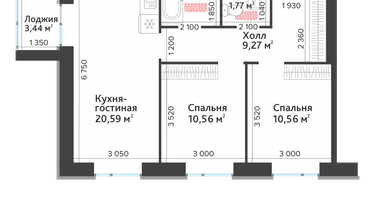 2-к. квартира, 58&nbsp;м²