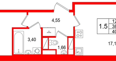 1-к. квартира, 38&nbsp;м²
