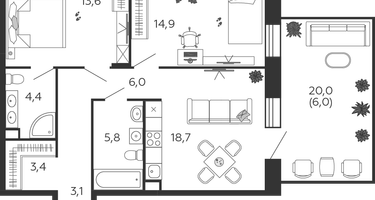 2-комнатная квартира, 75&nbsp;м²