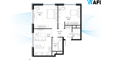 2-к. квартира, 56 м²