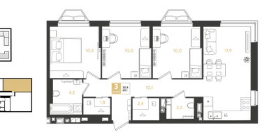 3-к. квартира, 69&nbsp;м²