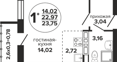 Студия, 23&nbsp;м²