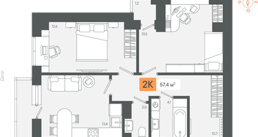 2-к. квартира, 57&nbsp;м²