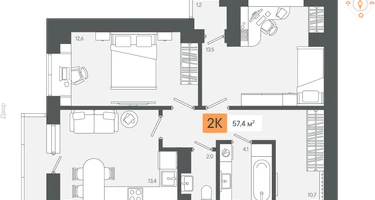 2-к. квартира, 57&nbsp;м²