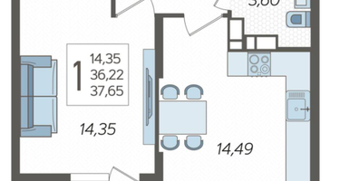 1-к. квартира, 37,6 м²