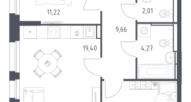 2-к. квартира, 55&nbsp;м²