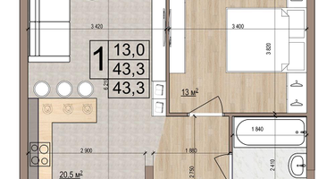 1-к. квартира, 43&nbsp;м²