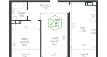 2-к. квартира, 62&nbsp;м²