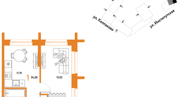 1-к. квартира, 34&nbsp;м²