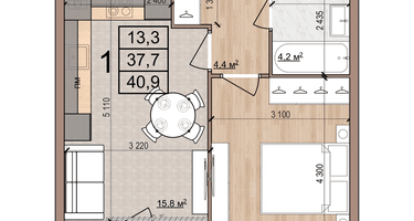 1-к. квартира, 40&nbsp;м²