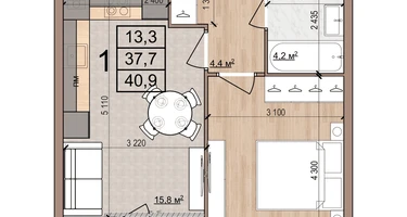 1-к. квартира, 40&nbsp;м²