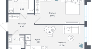 1-к. квартира, 53&nbsp;м²