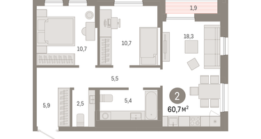 2-к. квартира, 60 м²