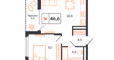 1-к. квартира, 46&nbsp;м²