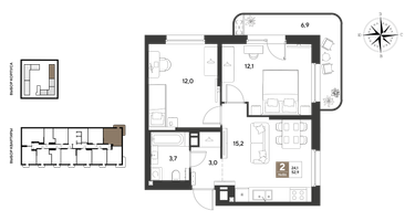 2-к. квартира, 52&nbsp;м²