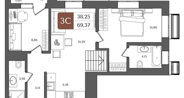 3-к. квартира, 69 м²