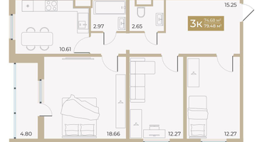 3-к. квартира, 74 м²