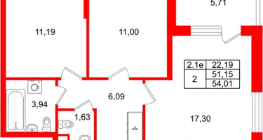 2-к. квартира, 51&nbsp;м²