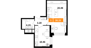 1-к. квартира, 38 м²