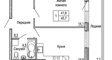 1-к. квартира, 45&nbsp;м²