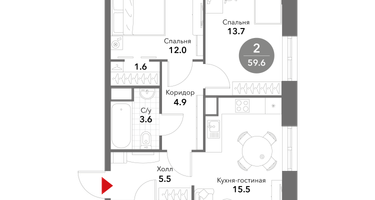 2-к. квартира, 59&nbsp;м²