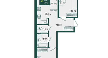 2-к. квартира, 59 м²