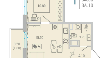 1-к. квартира, 36&nbsp;м²
