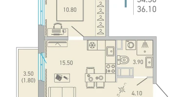 1-к. квартира, 36&nbsp;м²