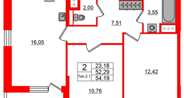2-к. квартира, 52&nbsp;м²