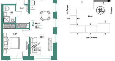 2-к. квартира, 44&nbsp;м²