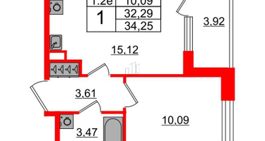 1-к. квартира, 32&nbsp;м²