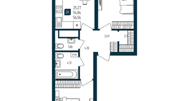 2-к. квартира, 54&nbsp;м²
