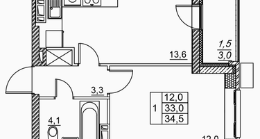1-к. квартира, 34&nbsp;м²