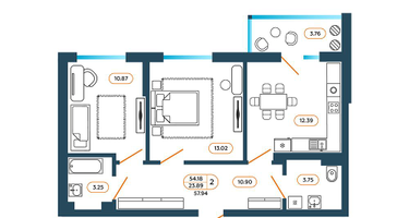 2-к. квартира, 57&nbsp;м²