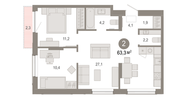 2-к. квартира, 63&nbsp;м²