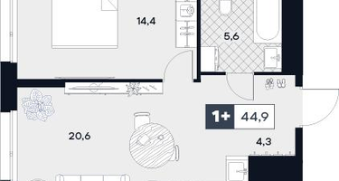 1-к. квартира, 44 м²