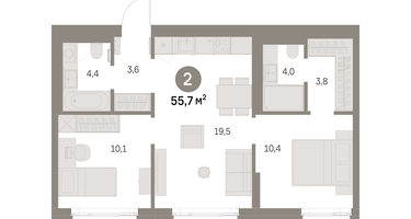 2-к. квартира, 55 м²
