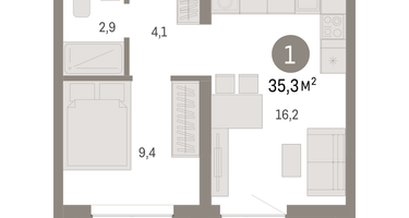 1-к. квартира, 35 м²