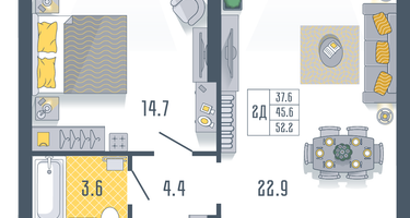 1-к. квартира, 52 м²