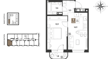 1-к. квартира, 37&nbsp;м²