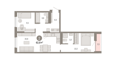 2-к. квартира, 62 м²