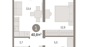 1-к. квартира, 40 м²