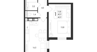 1-к. квартира, 40&nbsp;м²