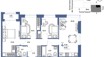4-к. квартира, 77 м²