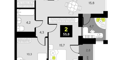 2-к. квартира, 55&nbsp;м²