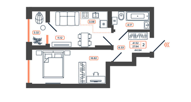 2-к. квартира, 44&nbsp;м²