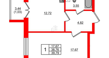 1-к. квартира, 39&nbsp;м²